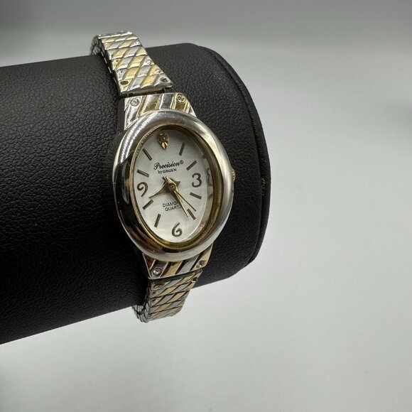 3/$30 Precision by Gruen Watch Women Silver/ Gold Stretch Band Oval Petite - Picture 3 of 13